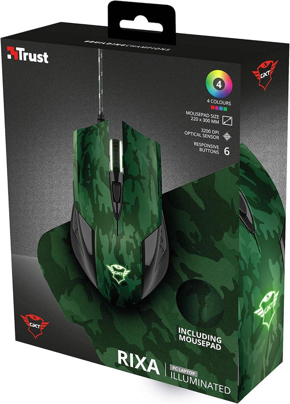 Trust Gaming GXT 781 Rixa Camo Gaming Mouse and Mouse Pad - Green Camo